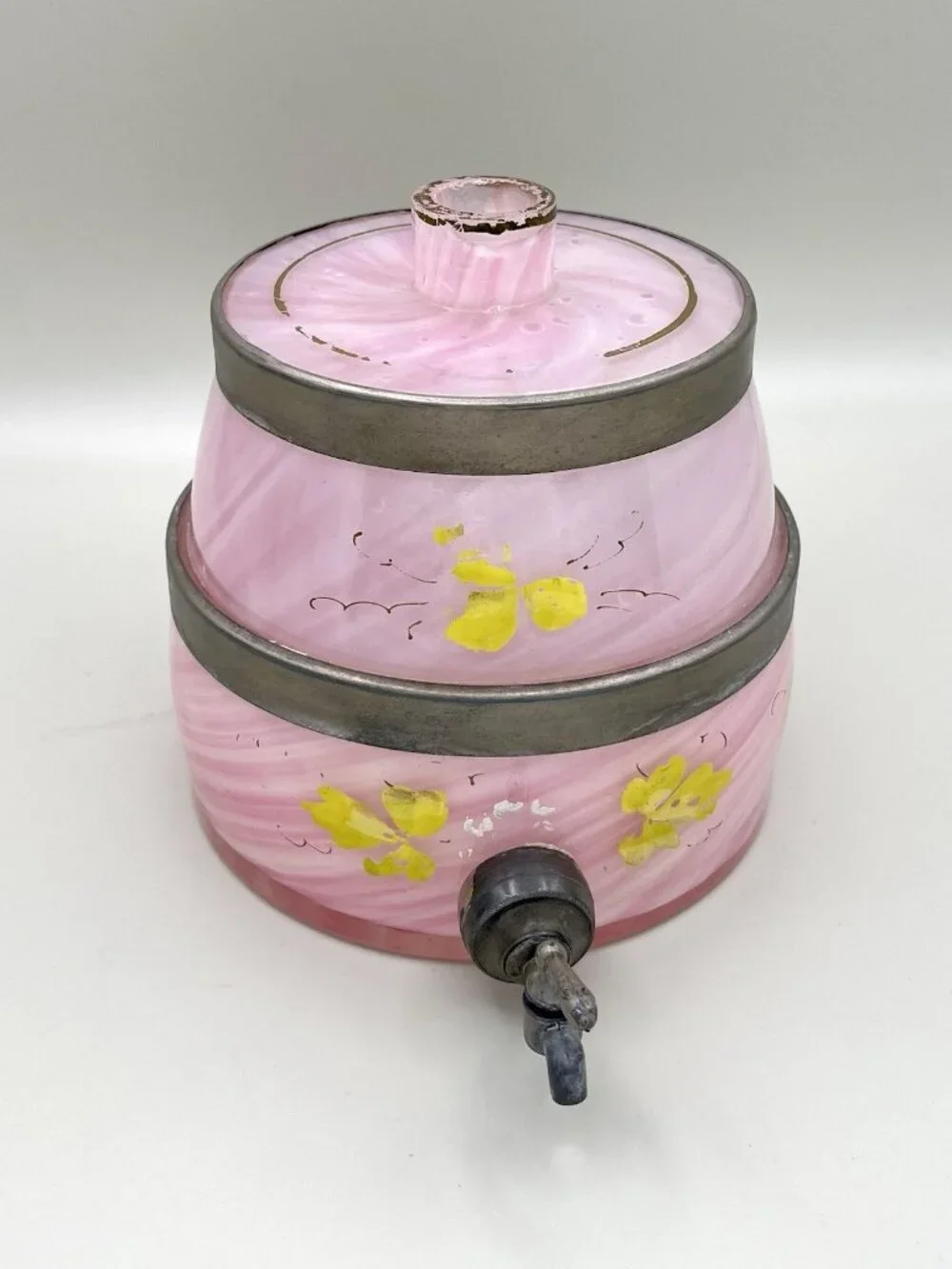 Antique Pink Swirl Glass Beverage Dispenser Floral Spigot VTG Victorian Cottage